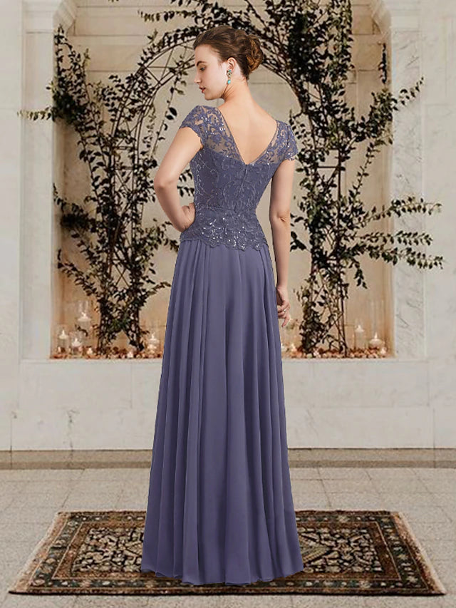 Luolandi A-Line Mother of the Bride Dress Plus Size Elegant V Neck Floor Length Chiffon Lace Sequined Short Sleeve with Appliques