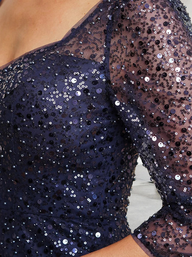 Luolandi Sheath / Column Mother of the Bride Dress Elegant Sparkle & Shine Square Neck Floor Length Tulle Sequined 3/4 Length Sleeve with Beading Sequin Split