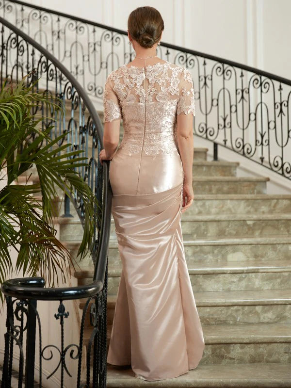 Luolandi Sheath/Column Satin Lace Sweetheart Short Sleeves Floor-Length Mother of the Bride Dresses Beautiful