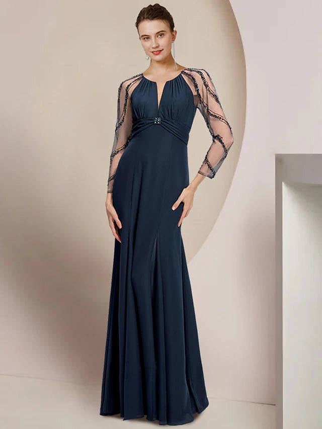 Luolandi Sheath / Column Mother of the Bride Dress Wedding Guest Vintage Elegant V Neck Floor Length Chiffon Long Sleeve with Pleats