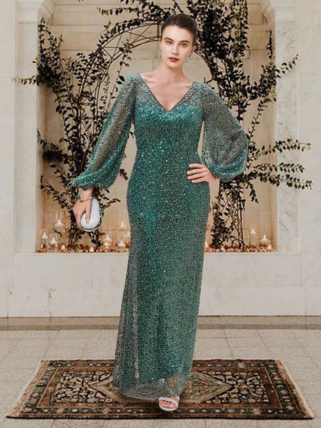 Luolandi Sheath / Column Mother of the Bride Dress Elegant Sparkle & Shine V Neck Floor Length Lace Sequined Long Sleeve with Beading