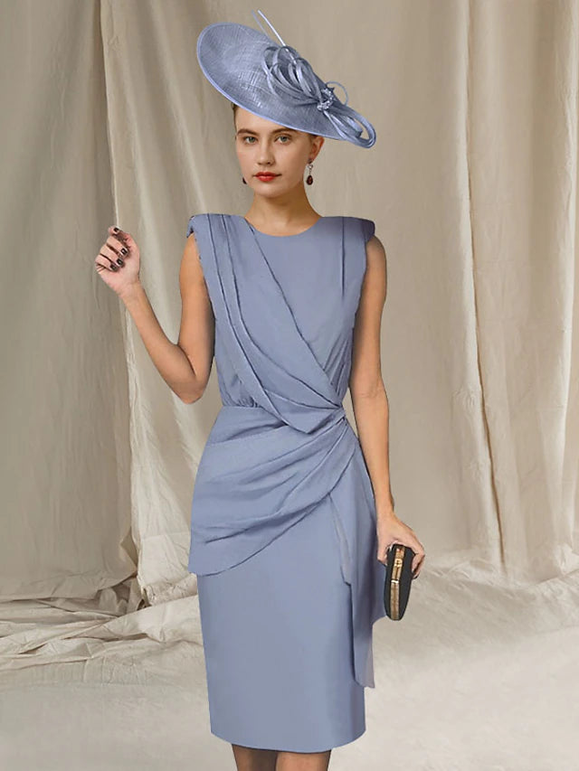 Luolandi Sheath / Column Mother of the Bride Dress Elegant Sweet Jewel Neck Knee Length Fabric Sleeveless Excluding hat