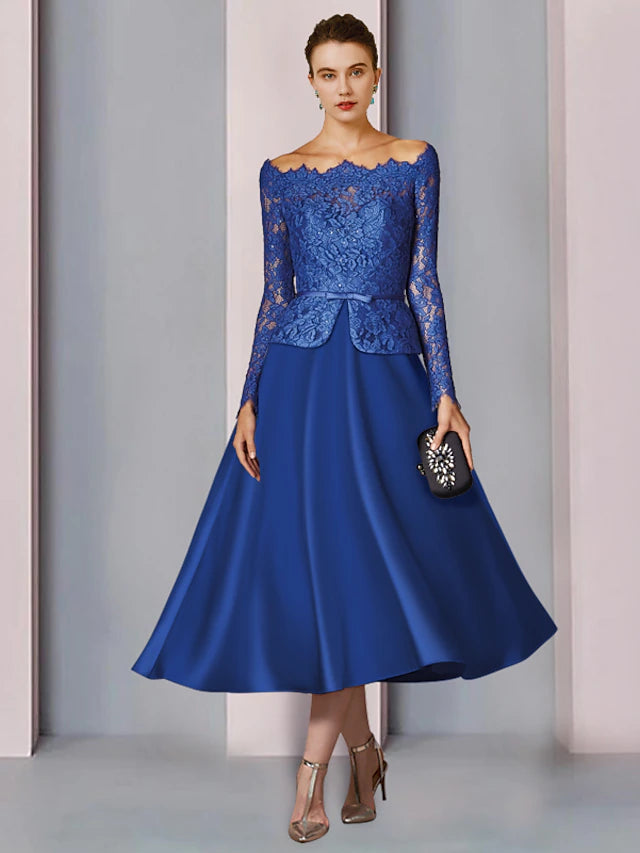 Luolandi A-Line Mother of the Bride Dress Formal Church Party Elegant Off Shoulder Tea Length Satin Lace Long Sleeve