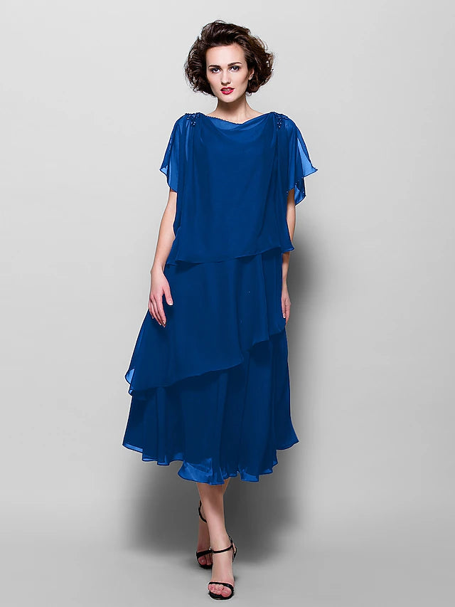 Luolandi A-Line Mother of the Bride Dress Plus Size Elegant Cowl Neck Tea Length Chiffon Short Sleeve with Ruffles Crystal