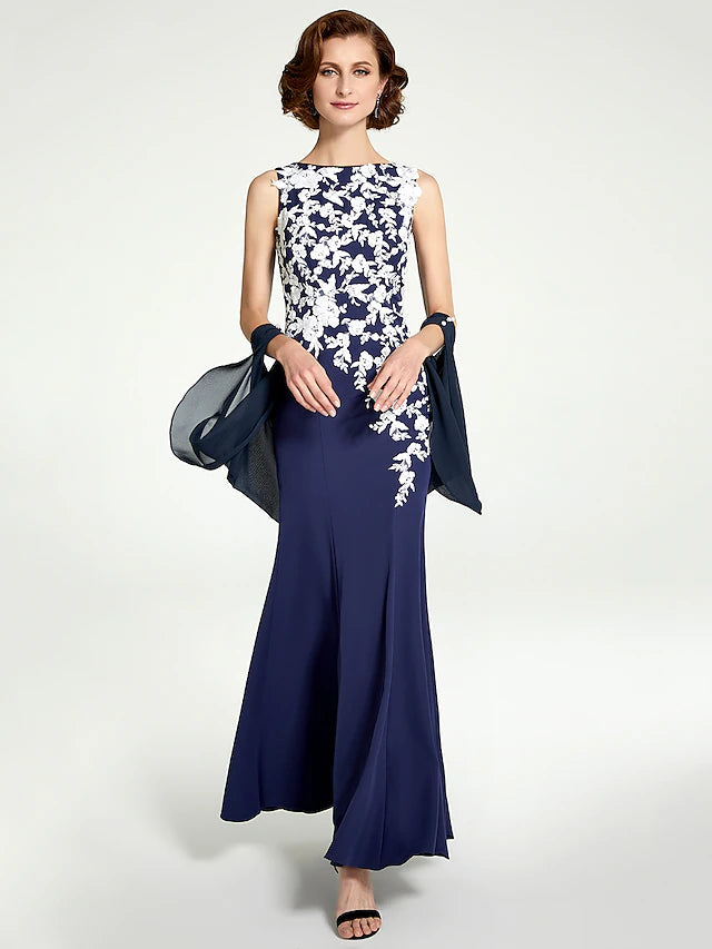 Luolandi Mermaid / Trumpet Mother of the Bride Dress Jewel Neck Floor Length Chiffon Lace Sleeveless