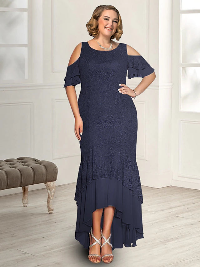 Luolandi Sheath / Column Mother of the Bride Dress Plus Size Elegant High Low Jewel Neck Asymmetrical Floor Length Chiffon Short Sleeve