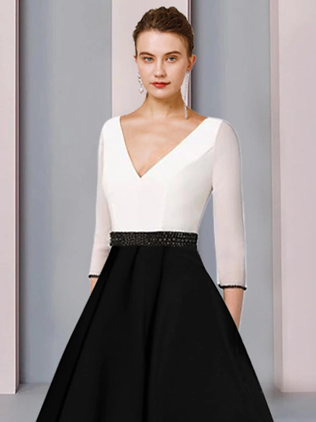 Luolandi A-Line Mother of the Bride Dress Wedding Guest Elegant V Neck Tea Length Chiffon Satin Short Sleeve with Sash / Ribbon