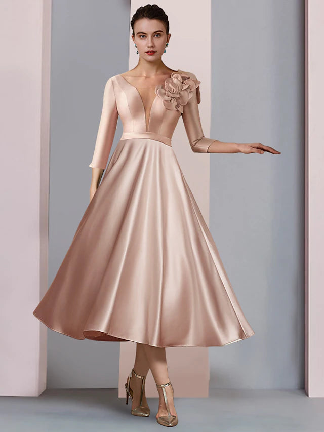 Luolandi A-Line Mother of the Bride Dress Formal Wedding Guest Party Elegant V Neck Tea Length Satin Lace Half Sleeve with Flower Beautiful