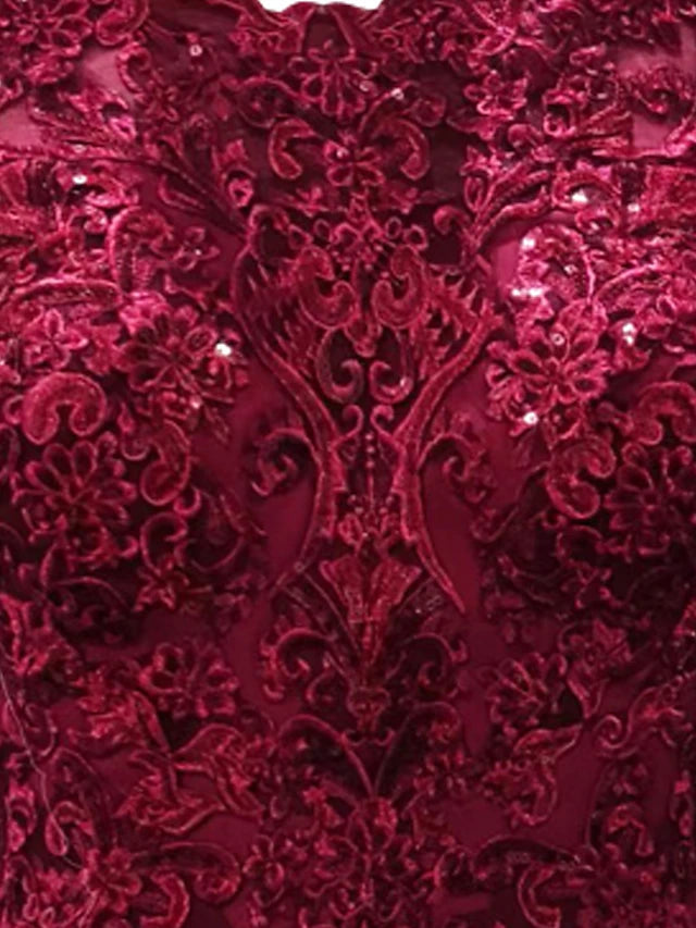 Luolandi A-Line Mother of the Bride Dress Elegant Jewel Neck Sweep / Brush Train Chiffon Lace Short Sleeve