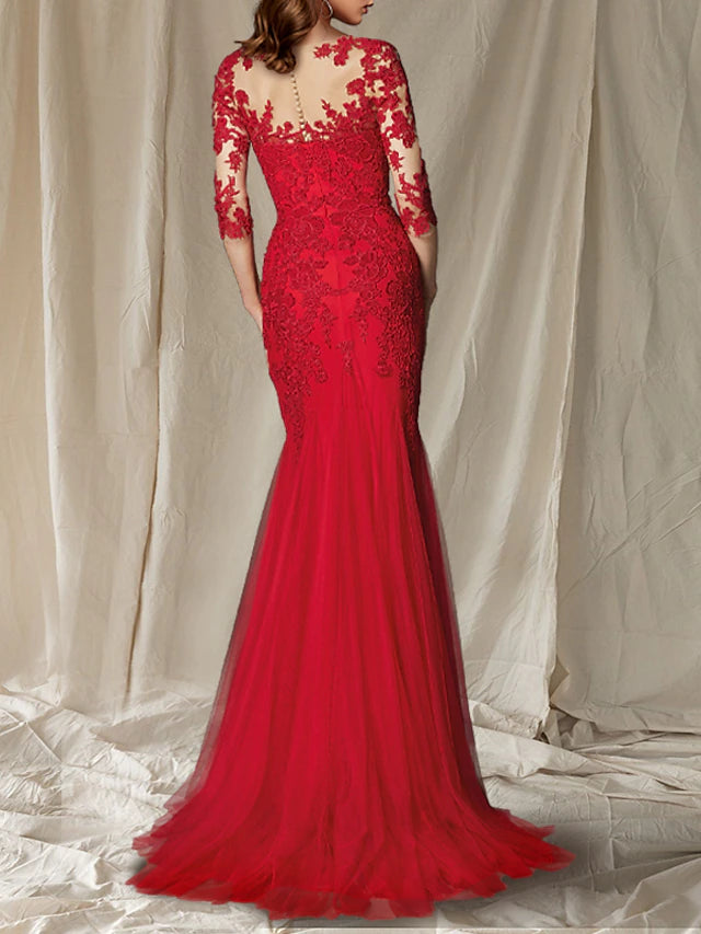 Luolandi Mermaid / Trumpet Mother of the Bride Dress Luxurious Elegant V Neck Sweep / Brush Train Lace Tulle Half Sleeve with Appliques