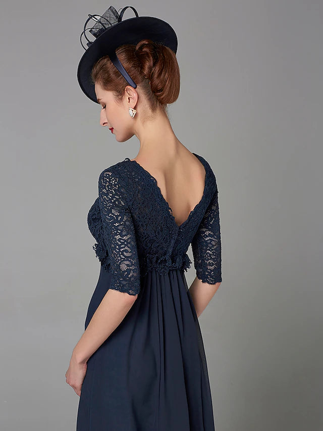 Luolandi A-Line Mother of the Bride Dress Elegant & Luxurious V Neck Floor Length Chiffon Lace Half Sleeve with Lace