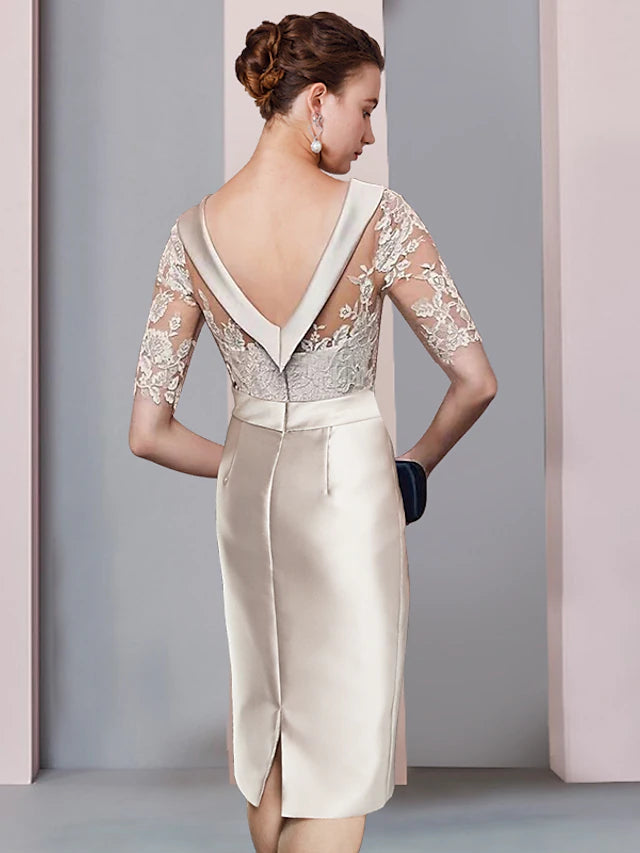 Luolandi Sheath / Column Mother of the Bride Dress Wedding Guest Elegant Scoop Neck Knee Length Satin Lace Half Sleeve with Bow(s)