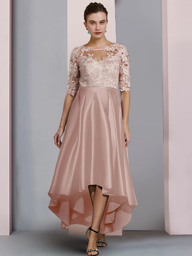 Luolandi Sheath / Column Mother of the Bride Dress Wedding Guest Party Elegant Scoop Neck Asymmetrical Satin Lace Half Sleeve