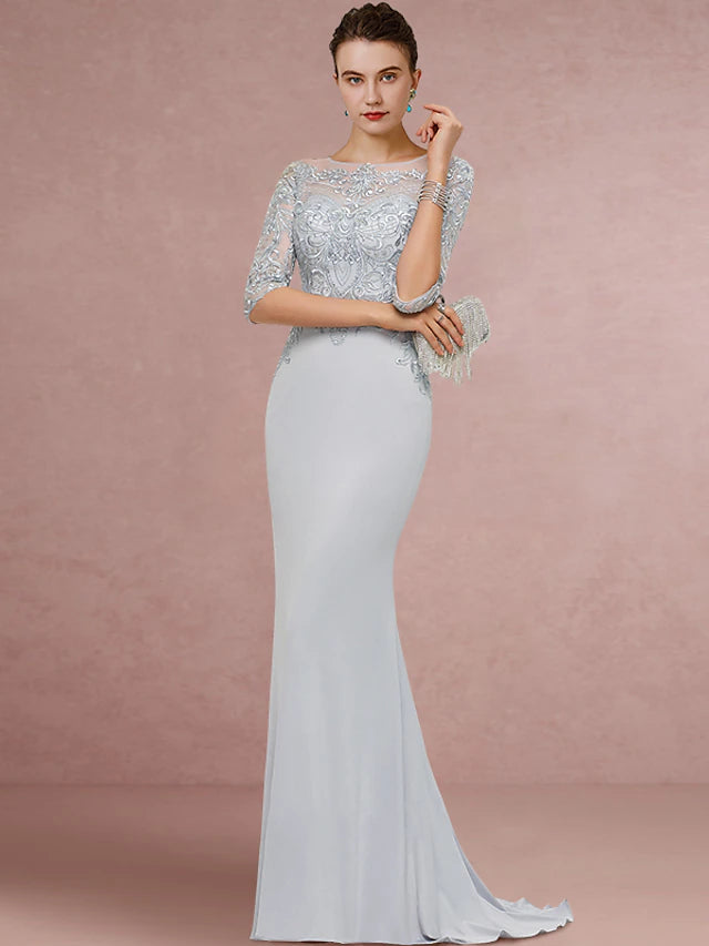 Luolandi Sheath / Column Mother of the Bride Dress Wedding Guest Vintage Elegant Scoop Neck Sweep / Brush Train Chiffon Lace Half Sleeve