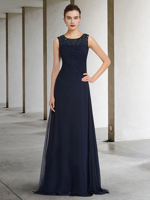 Luolandi A-Line Mother of the Bride Dress Elegant Jewel Neck Floor Length Chiffon Sleeveless with Beading
