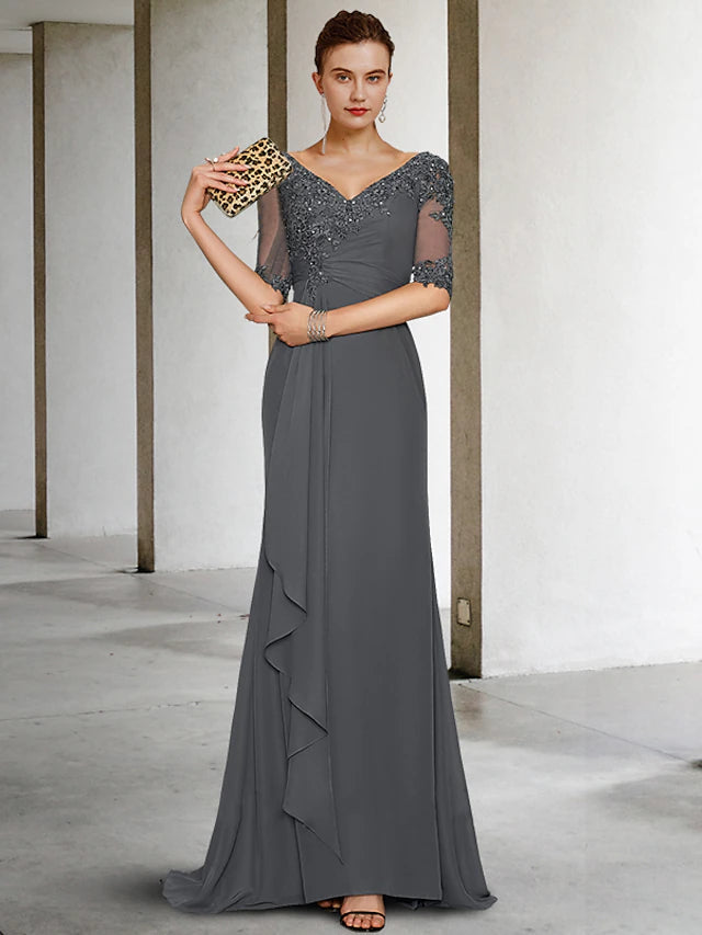 Luolandi Mermaid / Trumpet Mother of the Bride Dress Vintage Elegant V Neck Sweep / Brush Train Chiffon Tulle Half Sleeve with Appliques