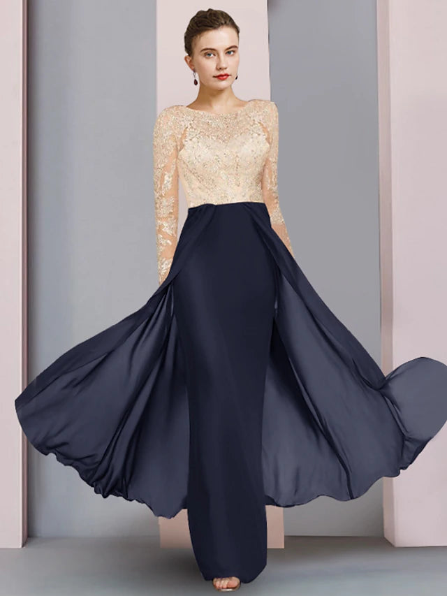 Luolandi Sheath / Column Mother of the Bride Dress Wedding Guest Party Open Back Scoop Neck Floor Length Chiffon Lace Long Sleeve with Pleats