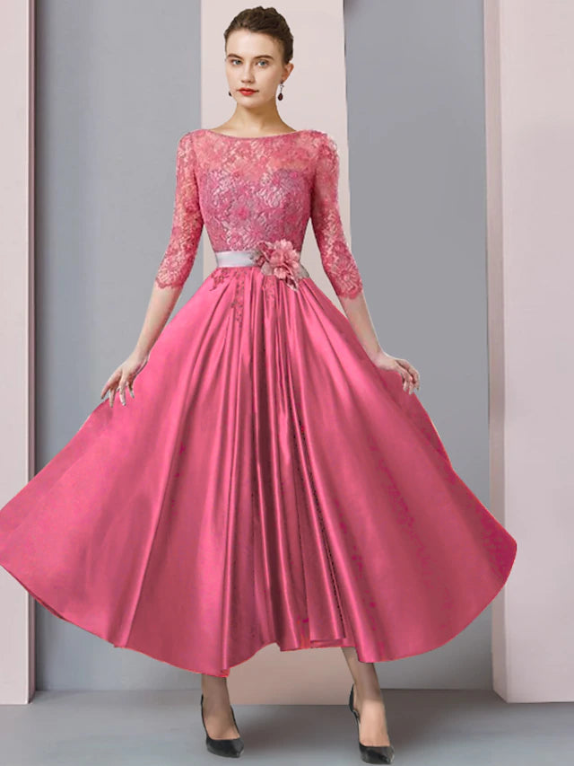 Luolandi A-Line Mother of the Bride Dress Formal Church Party Elegant Scoop Neck Tea Length Satin Lace Half Sleeve with Flower