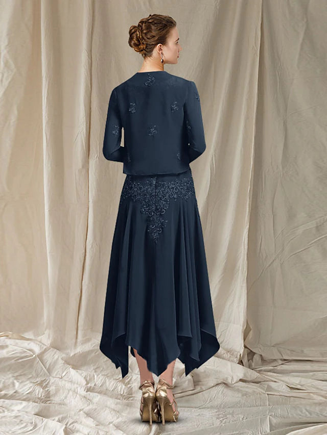 Luolandi Two Piece A-Line Mother of the Bride Dress Elegant V Neck Ankle Length Chiffon Lace Sleeveless Wrap Included with Appliques