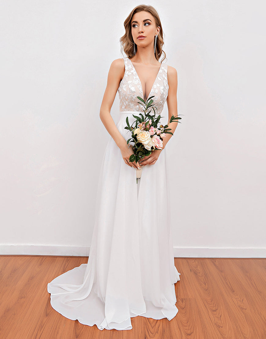 Luolandi Embroidery Wedding Dress V-neck Open Back Floor Length Beautiful