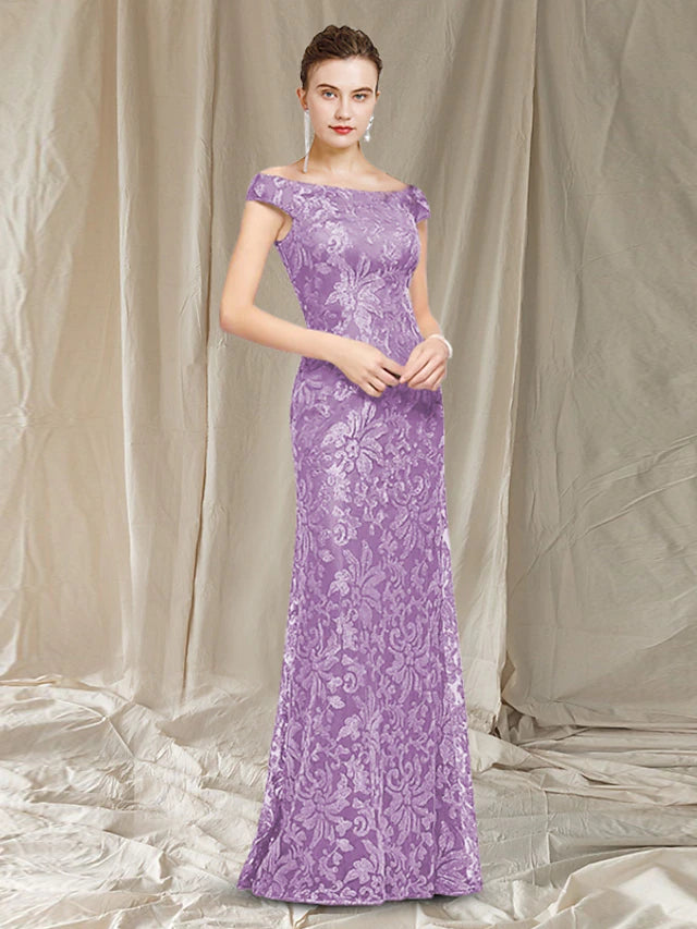 Luolandi Sheath / Column Mother of the Bride Dress Elegant Jewel Neck Floor Length Lace Cap Sleeve