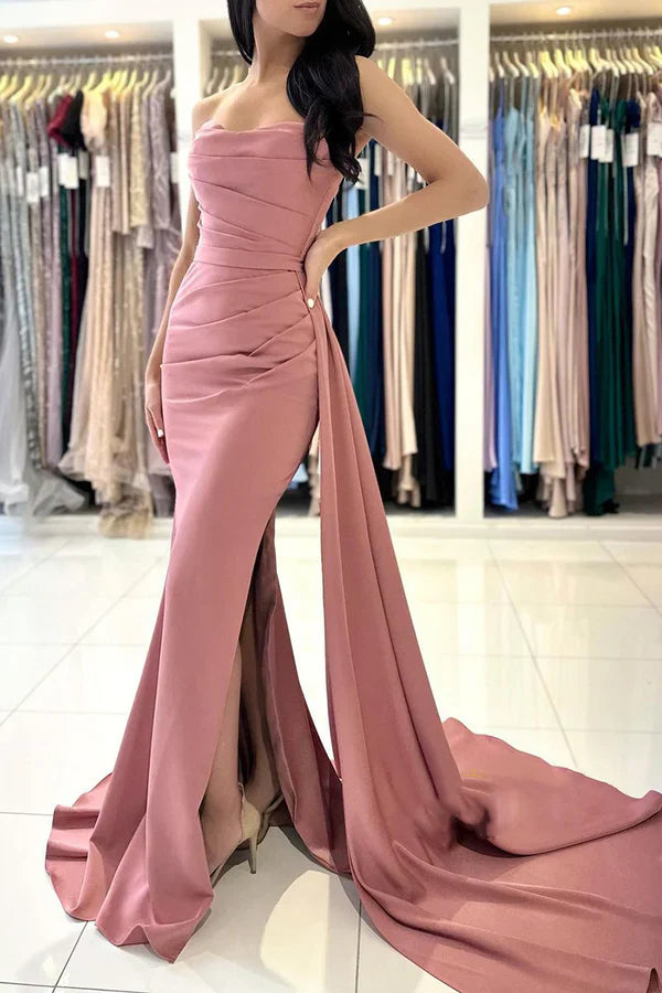 Luolandi Tight strapless satin pleated high slit long ball evening dress Off Shoulder