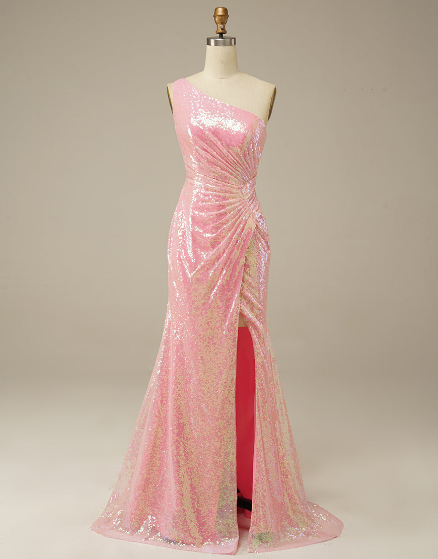 Luolandi One Shoulder Sheath Stunning Prom Dress Sparkly Evening Dresses With Slit