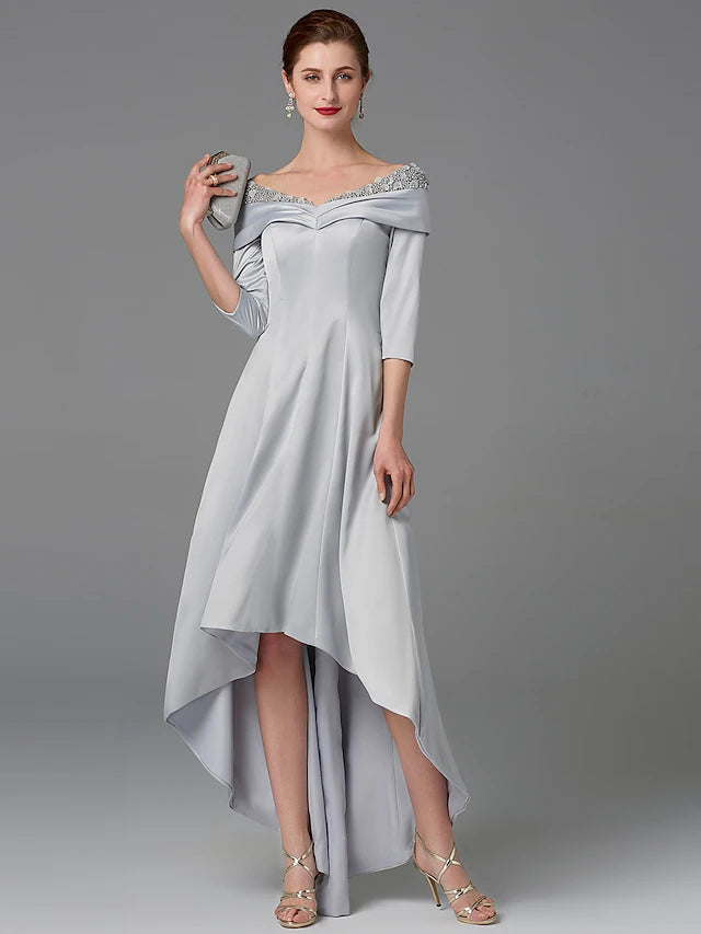 Luolandi A-Line Mother of the Bride Dress Sparkle & Shine High Low Off Shoulder Asymmetrical Satin Half-Sleeve with Lace