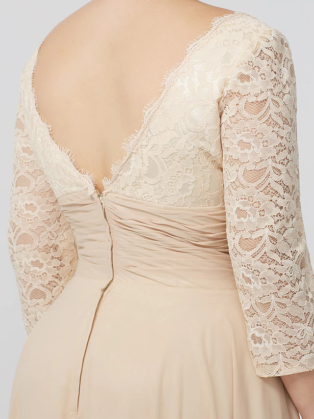 Luolandi Ball Gown A-Line Mother of the Bride Dress Formal Plus Size Elegant V Neck Floor Length Chiffon Sheer Lace 3/4 Length Sleeve with Appliques