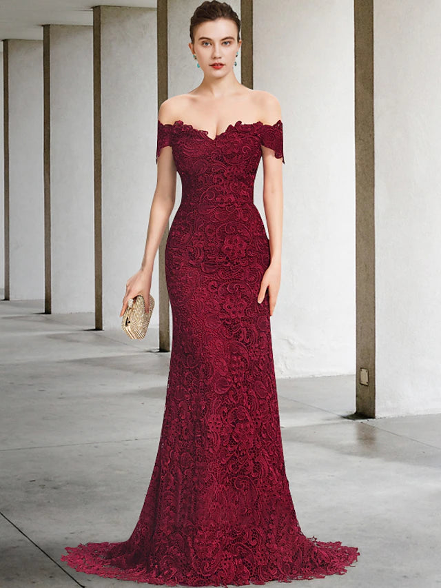 Luolandi Mermaid / Trumpet Mother of the Bride Dress Elegant Off Shoulder Sweep / Brush Train Lace Short Sleeve