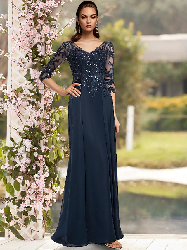 Luolandi Sheath / Column Mother of the Bride Dress Elegant Sparkle & Shine V Neck Floor Length Chiffon Lace 3/4 Length Sleeve with Appliques
