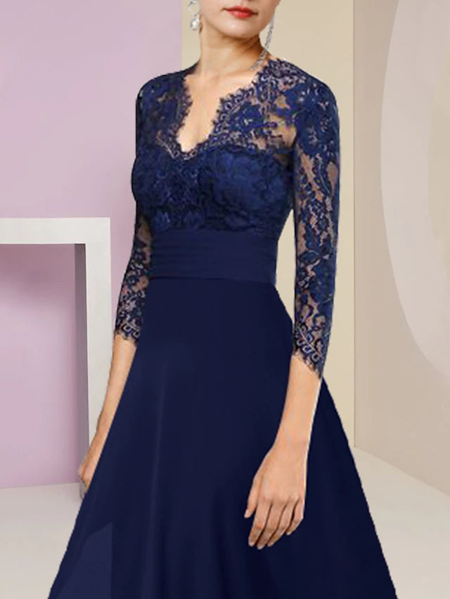 Luolandi A-Line Mother of the Bride Dress Formal Wedding Guest Elegant High Low V Neck Asymmetrical Tea Length Chiffon Lace 3/4 Length Sleeve
