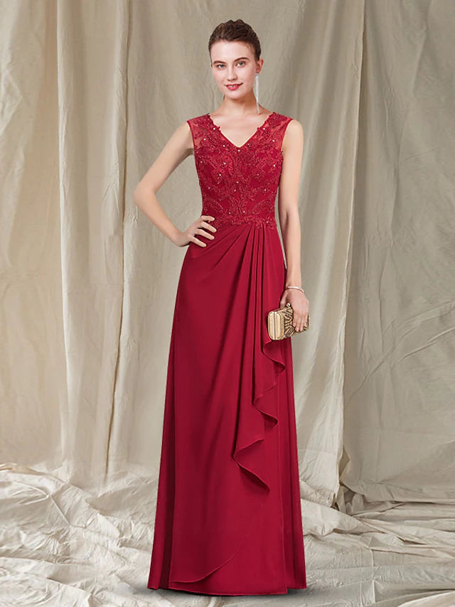 Luolandi A-Line Mother of the Bride Dress Elegant V Neck Floor Length Chiffon Lace Sleeveless with Pleats Beading