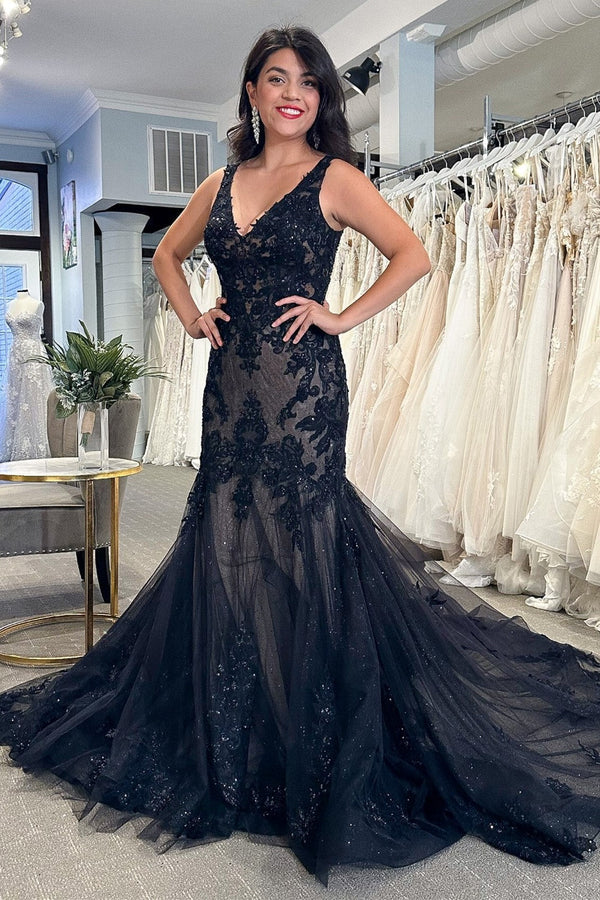 Luolandi Black Tulle Appliques V-Neck Trumpet Long Wedding Dress Sexy