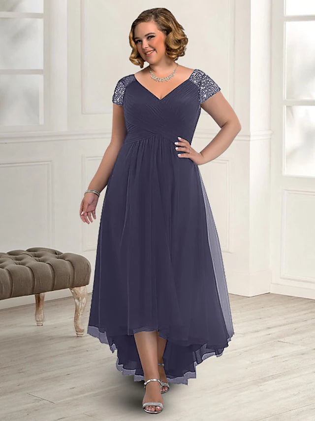 Luolandi A-Line Mother of the Bride Dress Plus Size Elegant High Low V Neck Asymmetrical Floor Length Chiffon Short Sleeve with Beading
