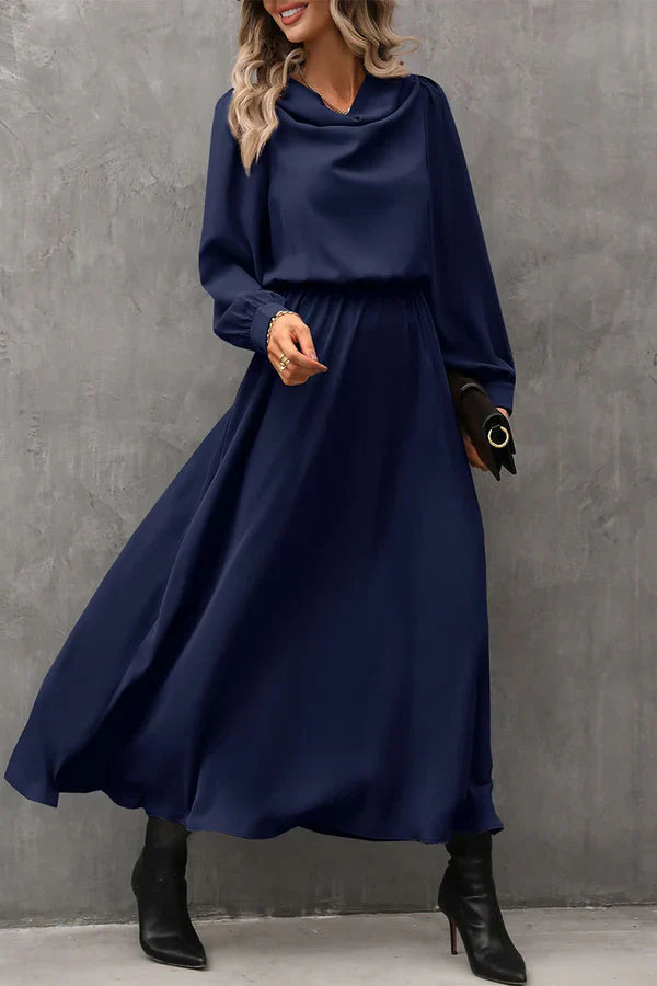 Luolandi Elegant solid color asymmetrical scarf collar A-line evening dress Dark Blue