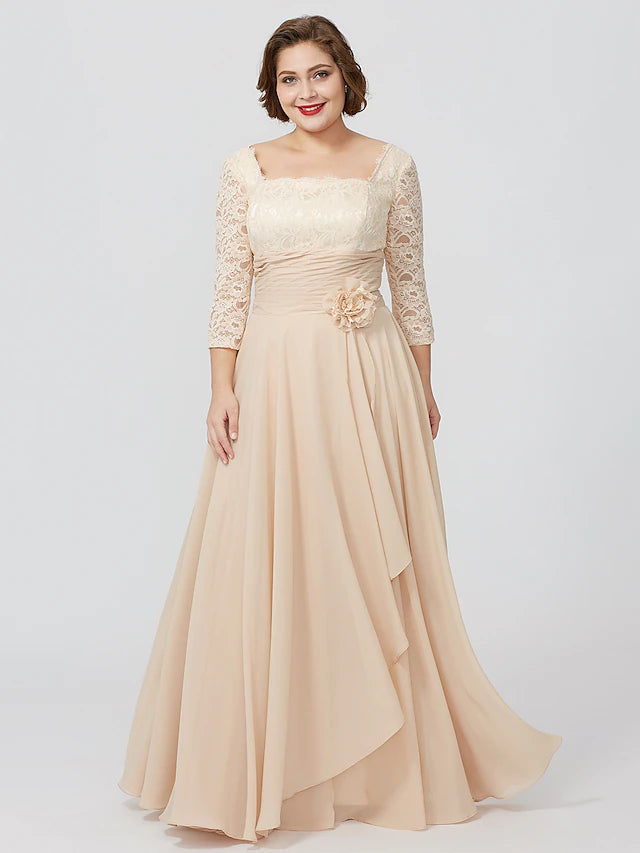 Luolandi Ball Gown A-Line Mother of the Bride Dress Formal Plus Size Elegant V Neck Floor Length Chiffon Sheer Lace 3/4 Length Sleeve with Appliques