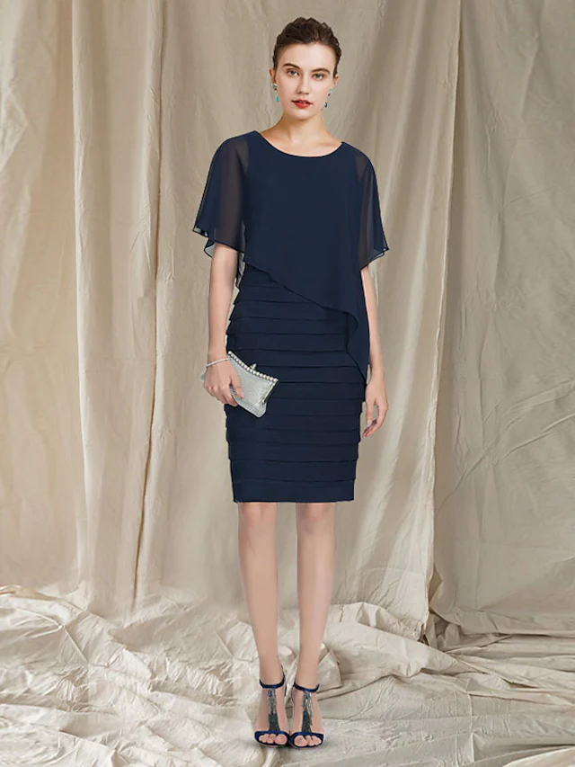 Luolandi Mother of the Bride Dress Elegant Jewel Neck Knee Length Chiffon Sleeveless with Ruffles