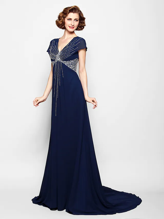Luolandi A-Line Mother of the Bride Dress V Neck Court Train Georgette Short Sleeve with Beading Sequin Dark Navy