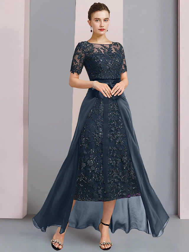 Luolandi Two Piece A-Line Mother of the Bride Dress Elegant Scoop Neck Tea Length Lace Short Sleeve with Sequin