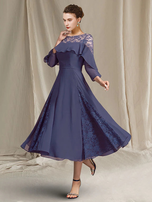 Luolandi A-Line Mother of the Bride Dress Elegant Jewel Neck Tea Length Chiffon 3/4 Length Sleeve with Pleats