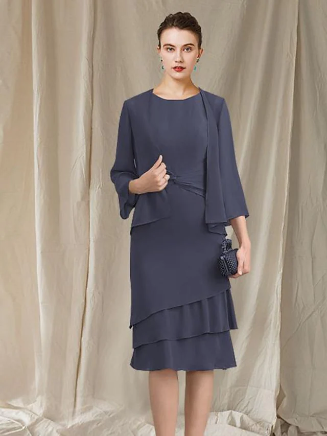 Luolandi Two Piece A-Line Mother of the Bride Dress Elegant Wrap Included Jewel Neck Knee Length Chiffon Sleeveless