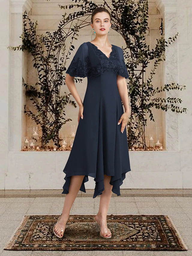 Luolandi A-Line Mother of the Bride Dress Plus Size Elegant High Low V Neck Asymmetrical Tea Length Chiffon Lace Sleeveless