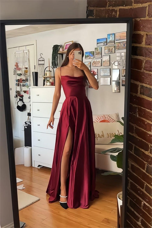 Luolandi A Line Spaghetti Straps Burgundy Long Prom Dress with Split Front Sexy Evening Party Dress
