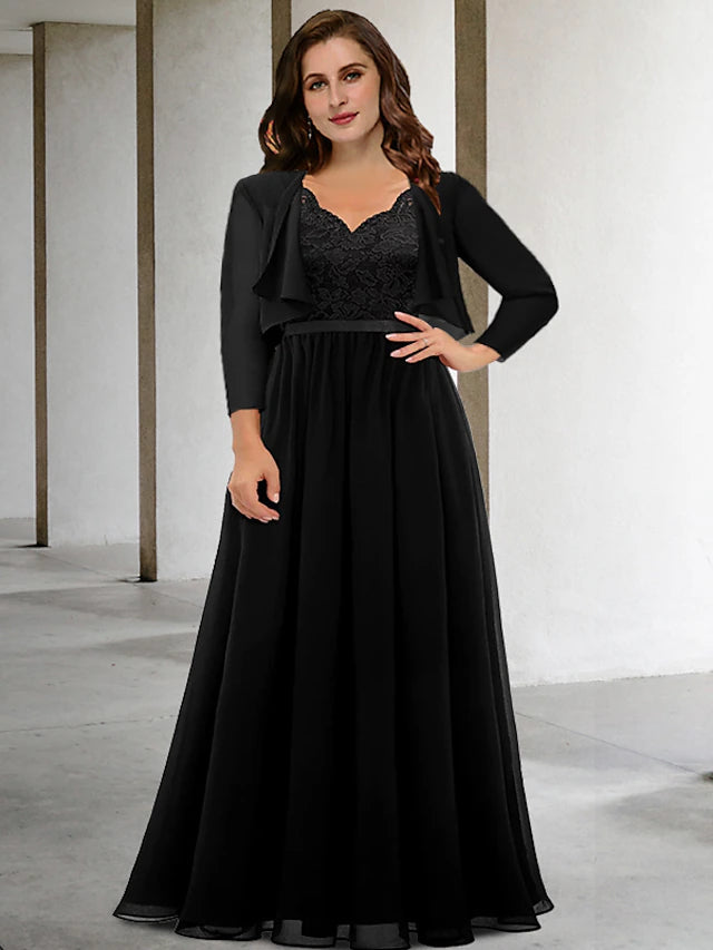Luolandi Two Piece A-Line Plus Size Curve Mother of the Bride Dresses Elegant Dress Formal Floor Length Short Sleeve V Neck Chiffon
