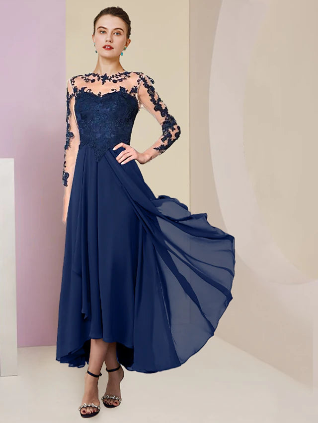 Luolandi A-Line Mother of the Bride Dress Formal Wedding Guest Elegant High Low Scoop Neck Asymmetrical Tea Length Chiffon Lace 3/4 Length Sleeve with Appliques