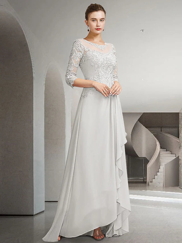 Luolandi A-Line Mother of the Bride Dress Elegant High Low Jewel Neck Sweep / Brush Train Asymmetrical Chiffon Lace 3/4 Length Sleeve with Appliques