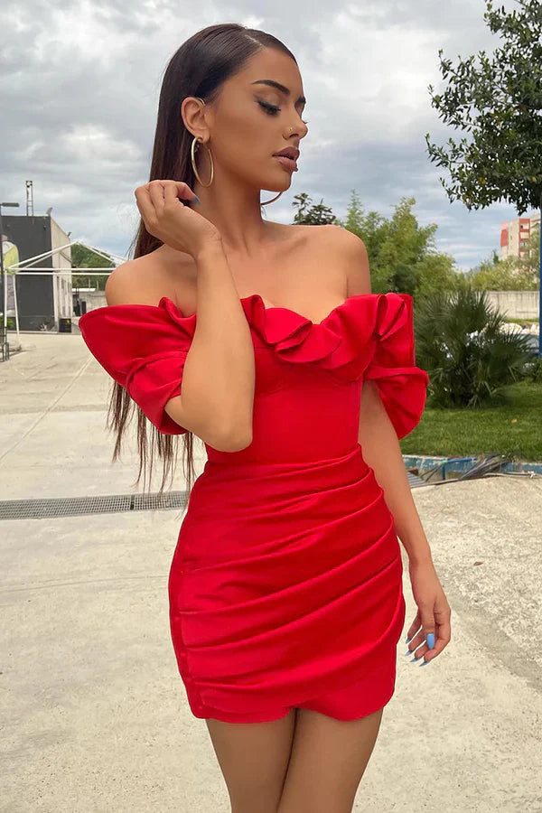 Luolandi Off shoulder pleated red short Homecoming Dresses Sexy