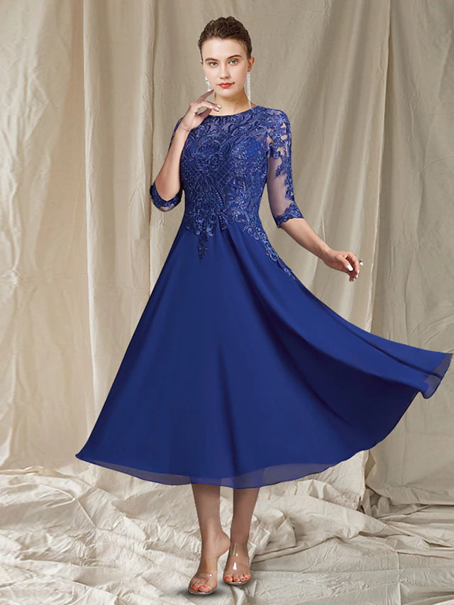 Luolandi A-Line Mother of the Bride Dress Elegant Jewel Neck Tea Length Chiffon Lace Half Sleeve with Appliques