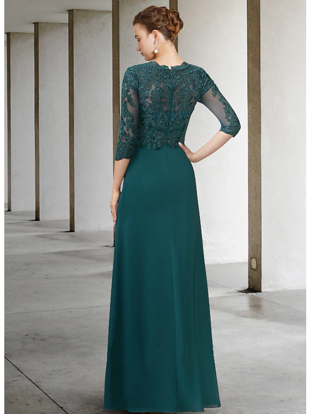 Luolandi A-Line Mother of the Bride Dress Elegant V Neck Floor Length Chiffon Lace Half Sleeve with Appliques